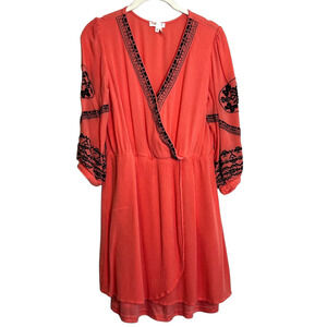 Soieblu Womens Peasant Tunic Dress Medium Coral Embroidered V-Neck Lined Boho